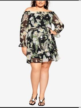 City Chic Black Floral Off-Shoulder Ruffle Dress